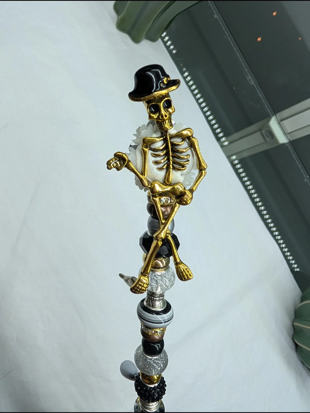 Hand Crafted Beaded Fairy Wand/Plant/Garden Stake W/Gold Blingy Skeleton Topper